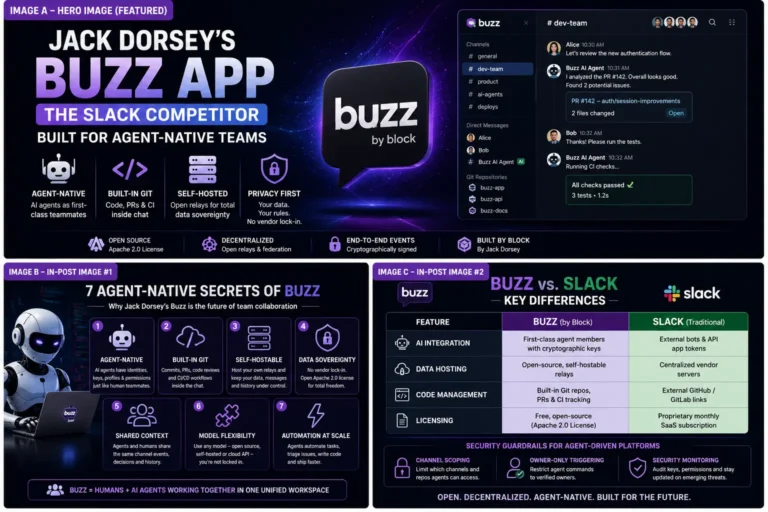 Jack Dorsey Buzz app Slack competitor workflow platform with AI agents and Git integration