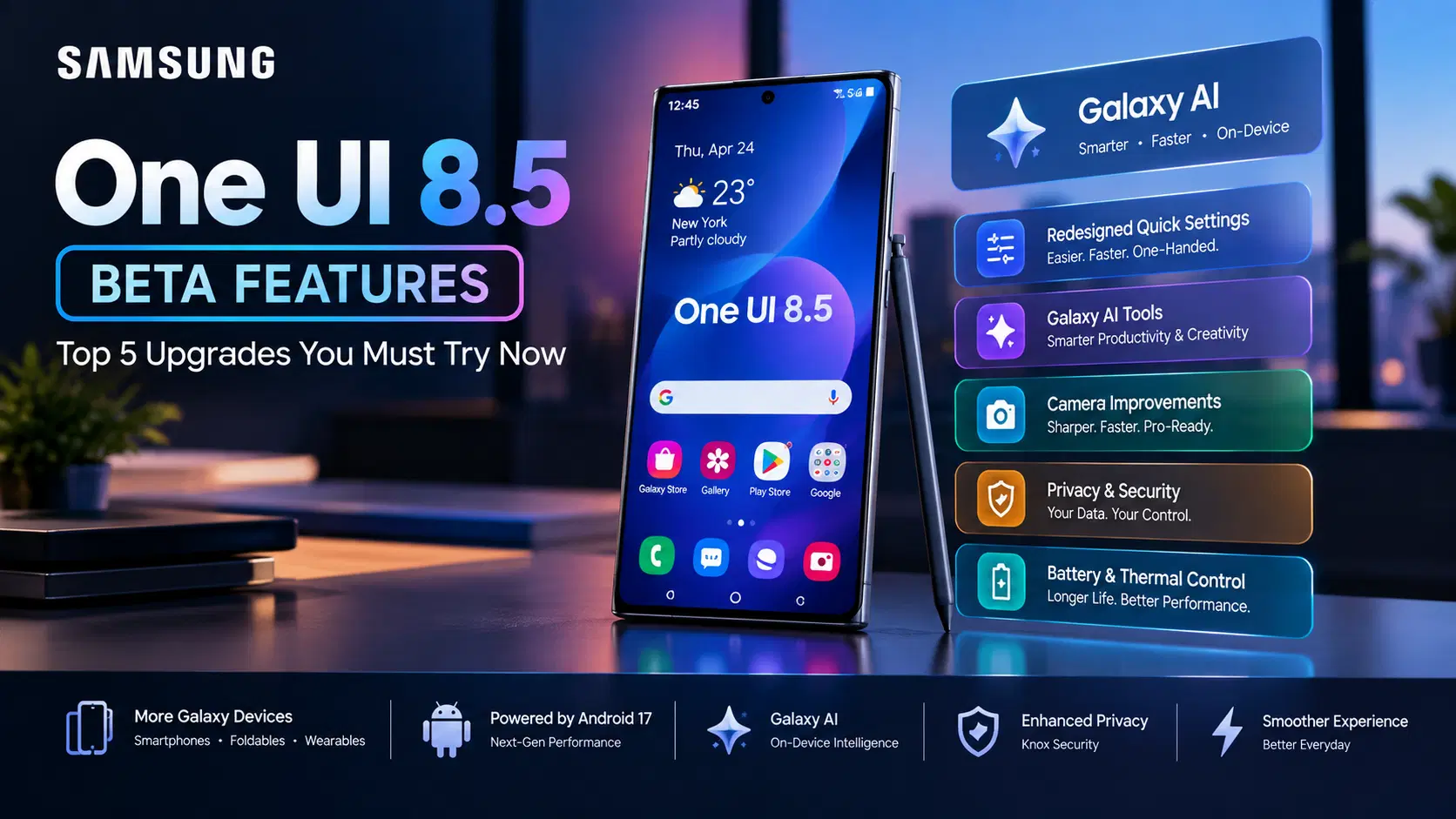 One UI 8.5 beta Galaxy AI camera privacy and battery management features