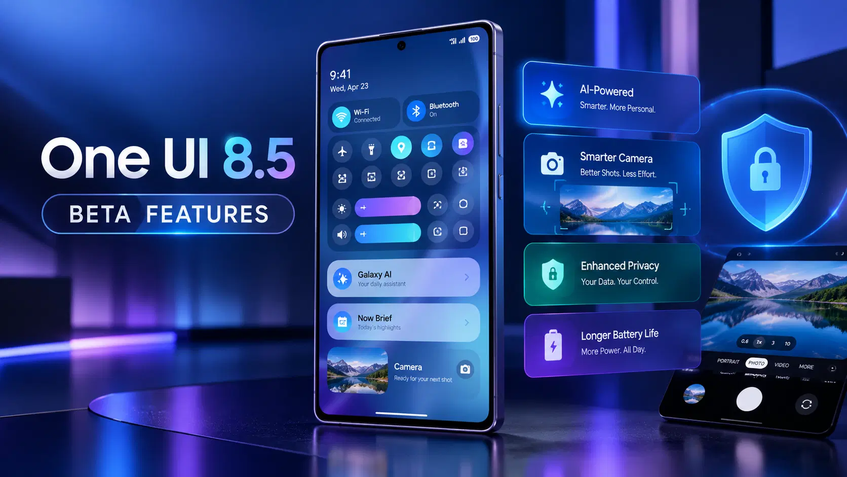 One UI 8.5 beta features with redesigned interface Galaxy AI camera privacy and battery improvements