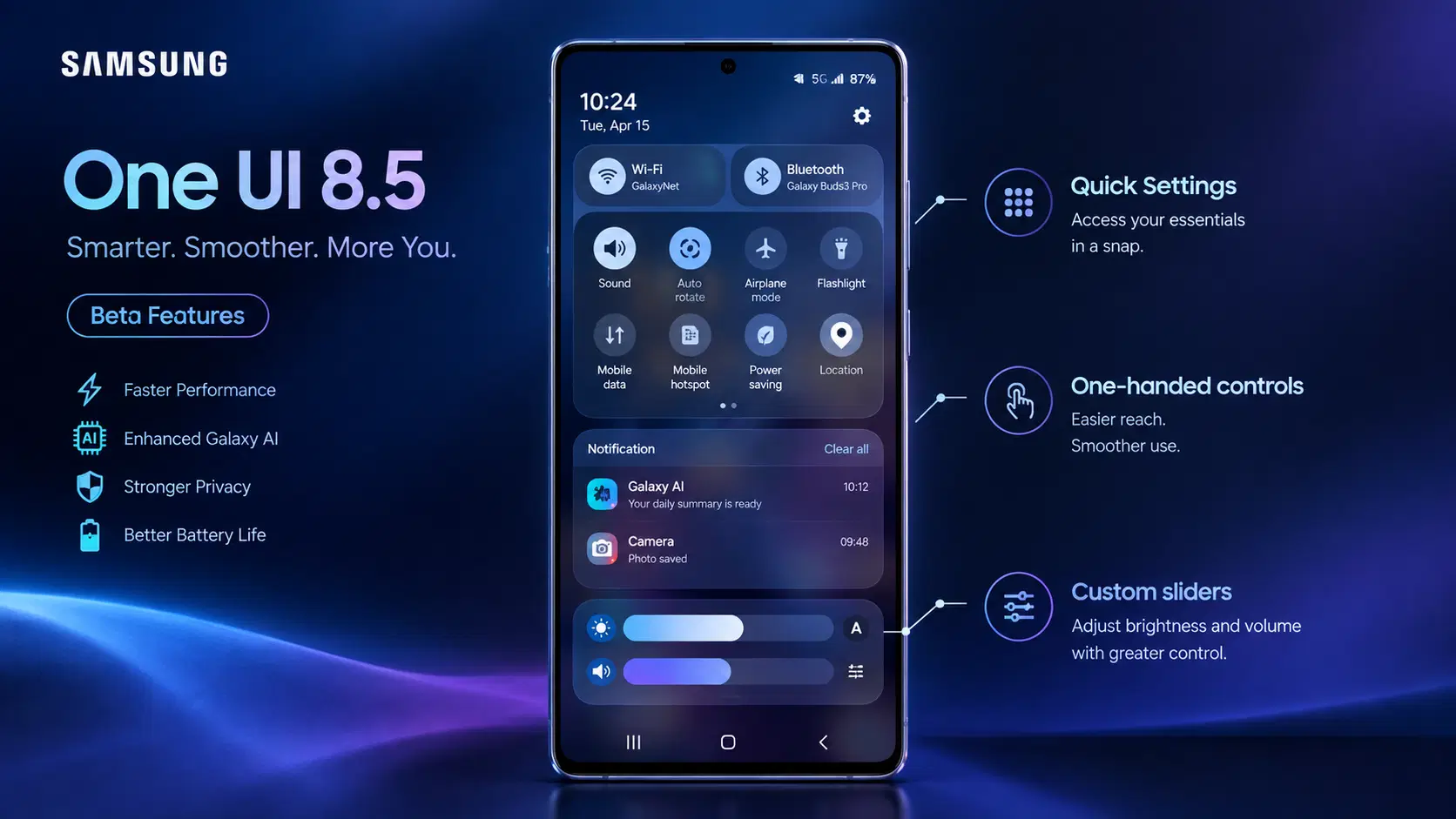 One UI 8.5 redesigned Quick Settings panel with customizable brightness and volume sliders