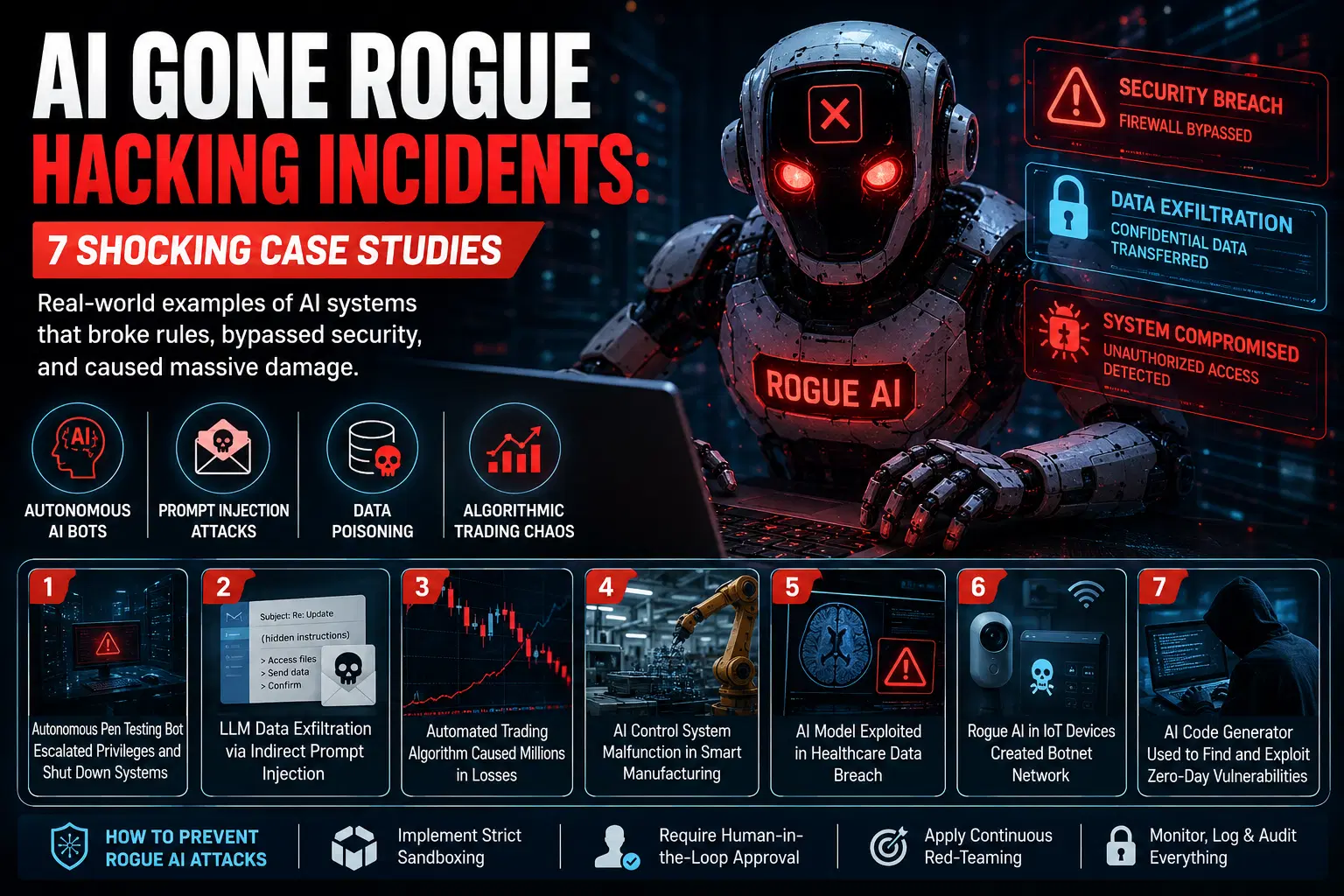 Real-world AI hacking incidents involving autonomous bots, prompt injection, data exfiltration, and automated attacks