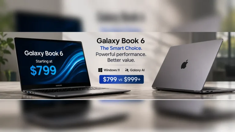 Samsung Galaxy Book 6 laptop next to an Apple MacBook rival