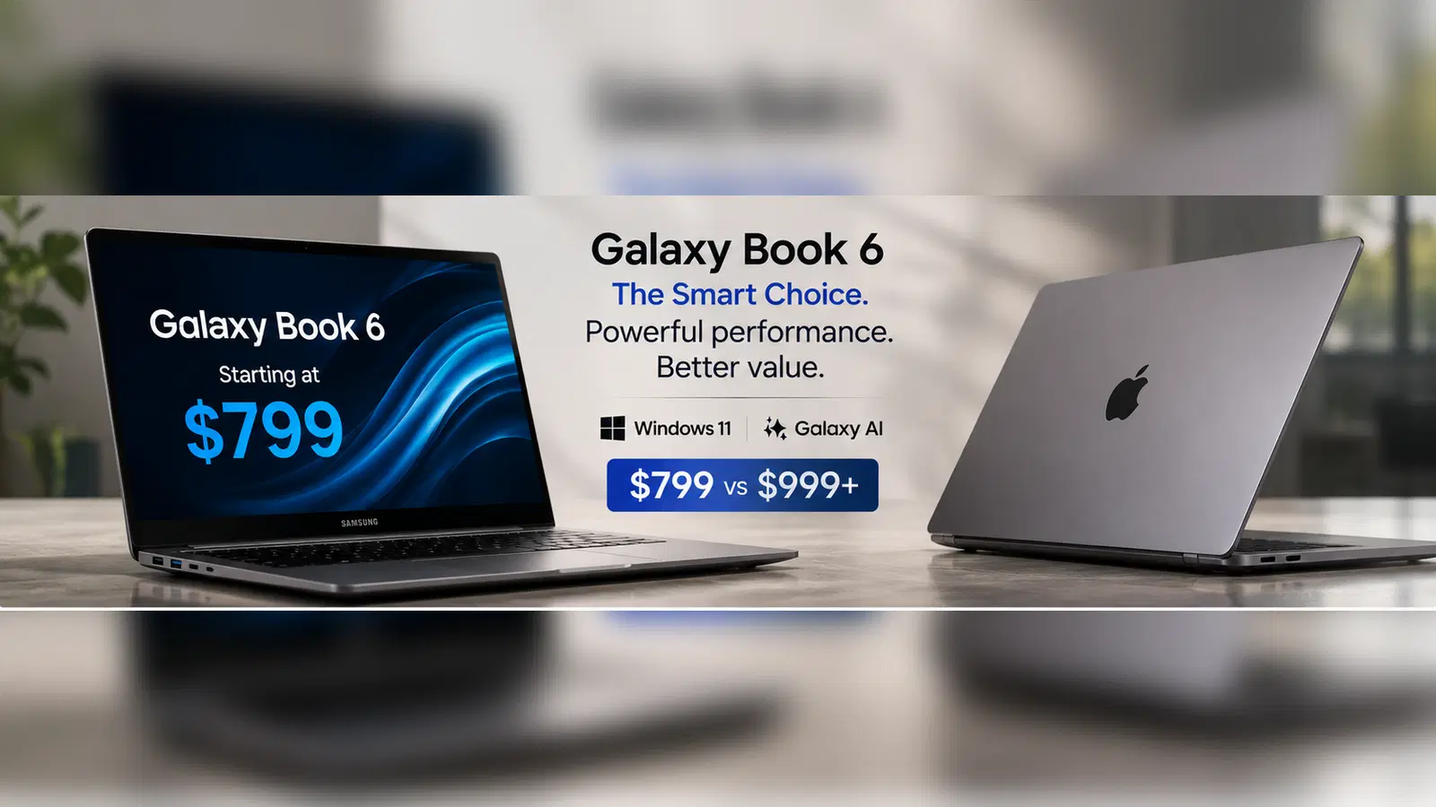 Samsung Galaxy Book 6 laptop next to an Apple MacBook rival