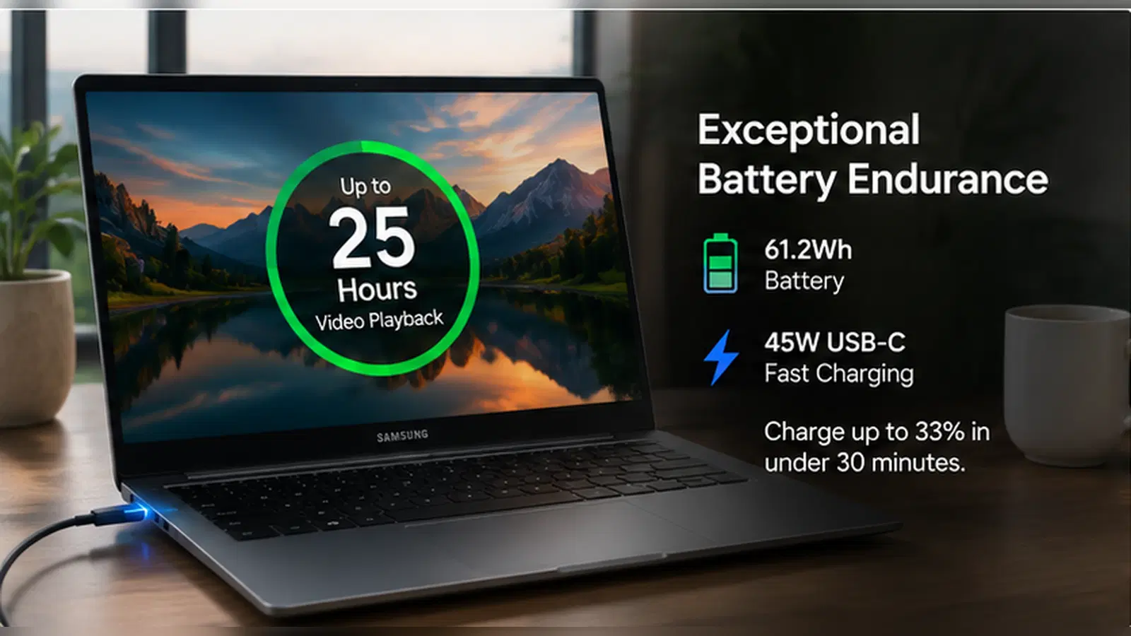 Samsung Galaxy Book 6 showing up to 25 hours of battery life and 45W USB-C fast charging